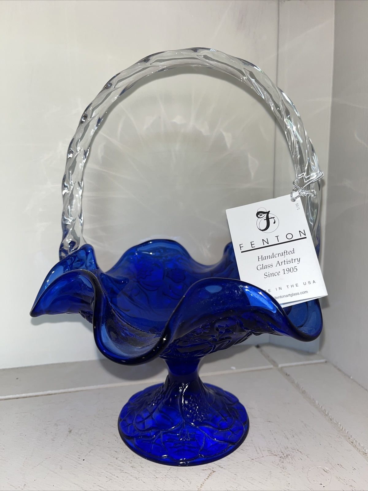  Fenton 95th Cobalt Blue Clear Handle embossed design basket with sticker