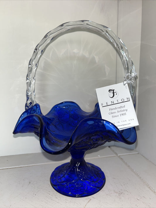  Fenton 95th Cobalt Blue Clear Handle embossed design basket with sticker