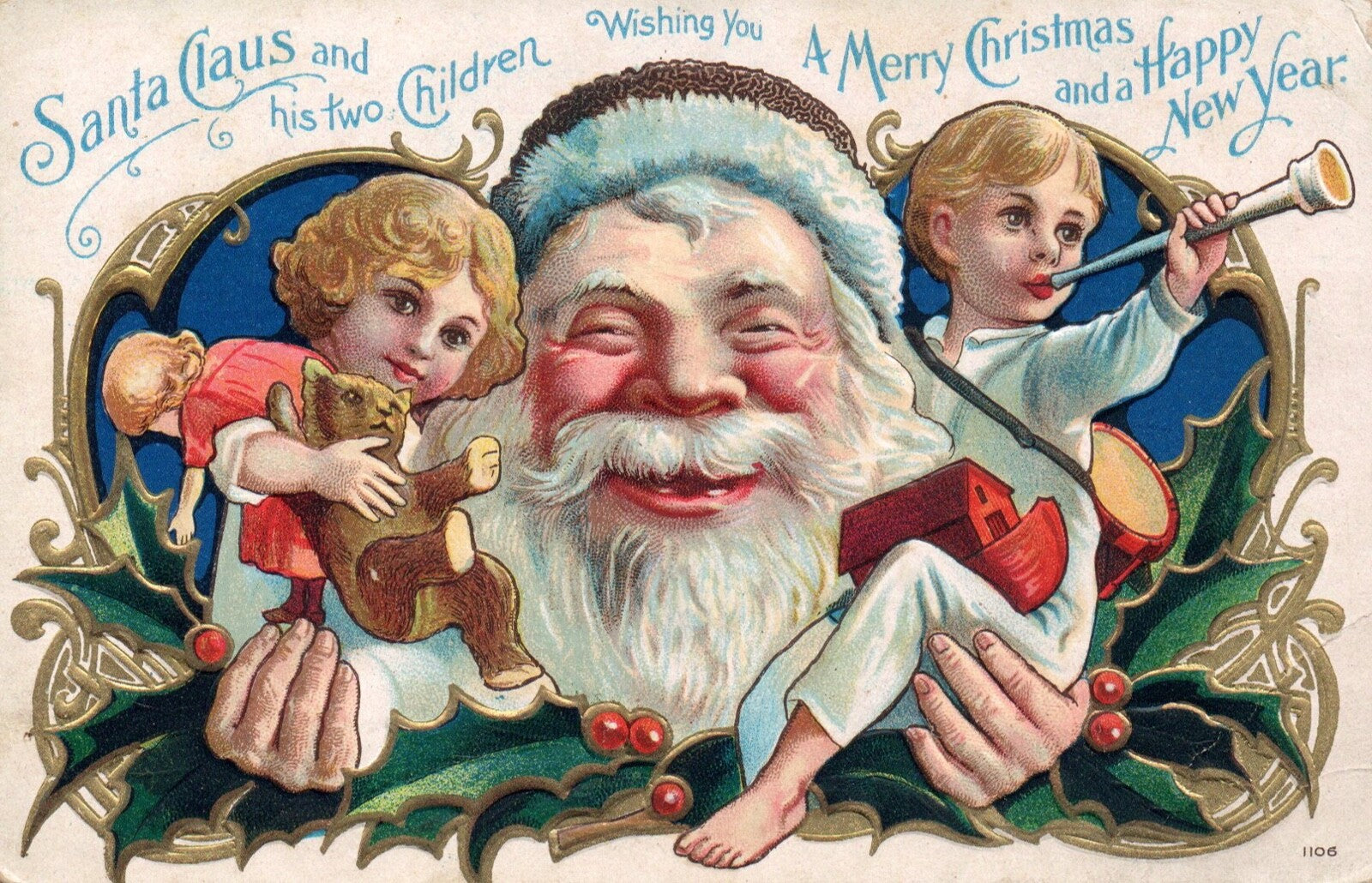 Santa Claus & His Two Children Wishing You a Merry Christmas Vtg Santa Postcard
