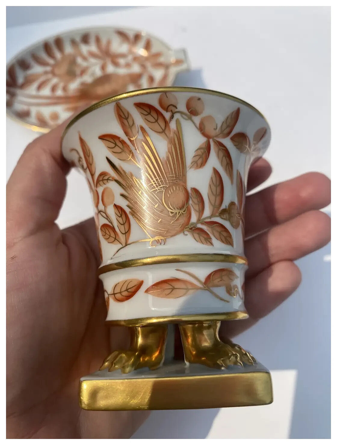 Vintage Herend Hungary Porcelain Small Footed Cache Vase Matching Ashtray Bird