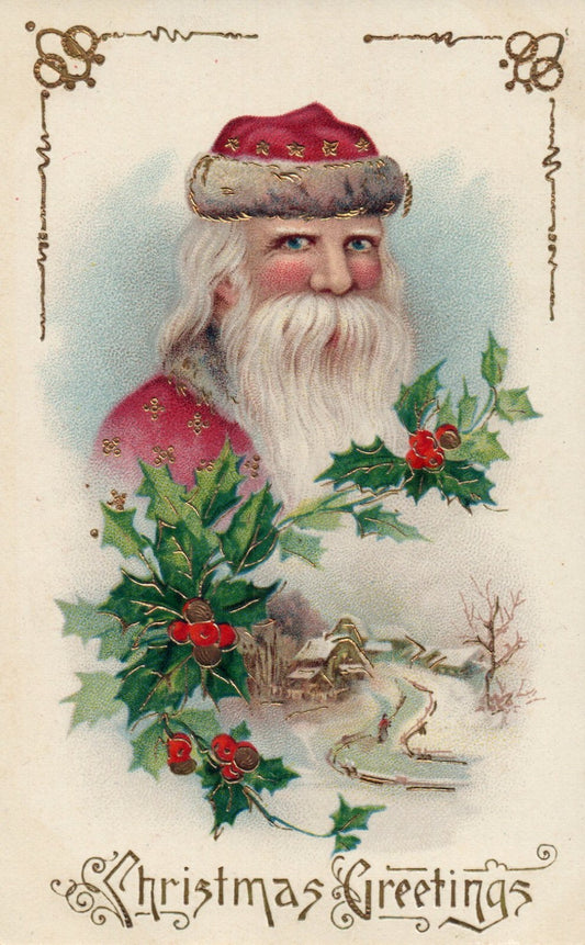 Santa with Holly Looking over Town with Beautiful Gold Accents Santa Postcard