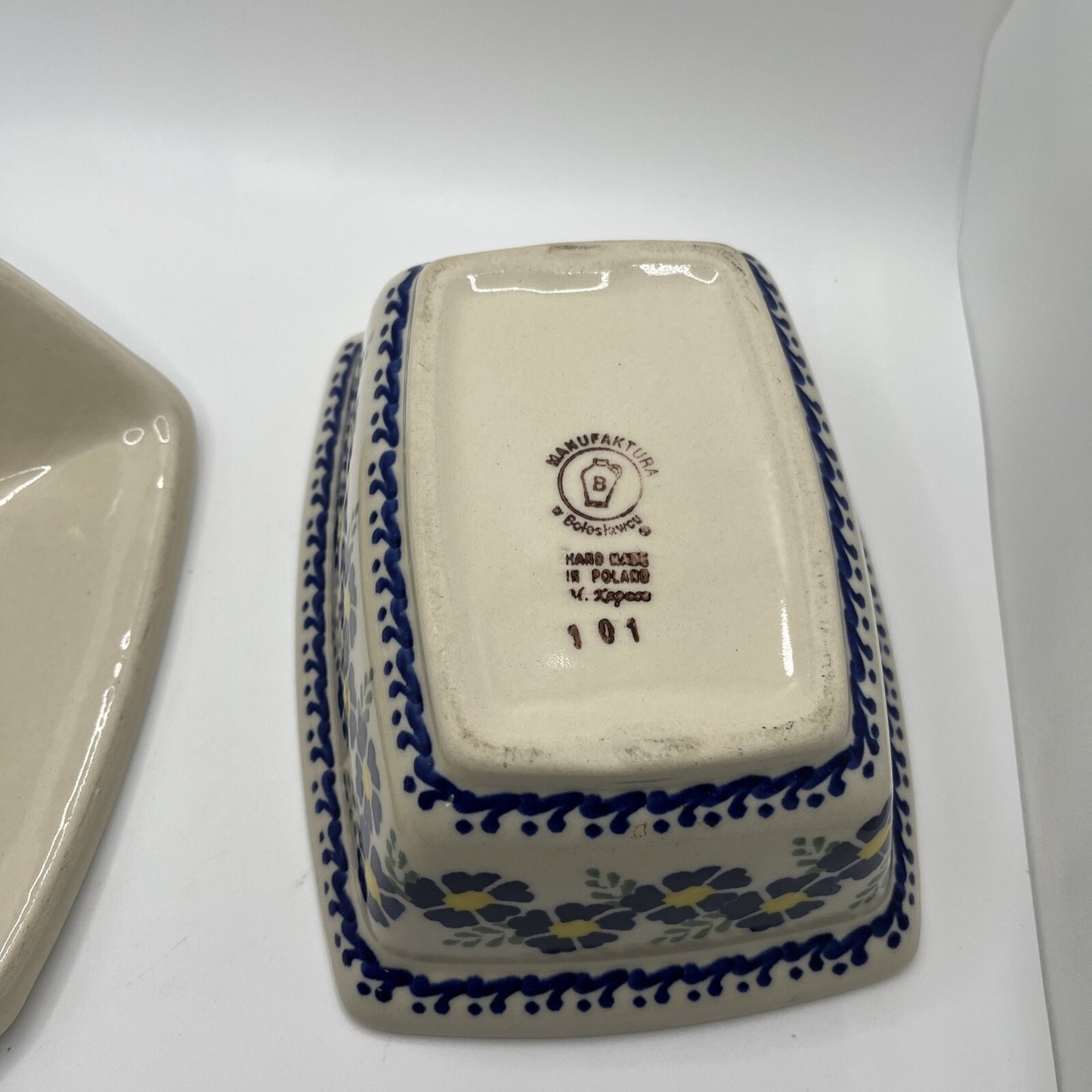 Boleslawiec Polish Pottery Covered Dish w/Spoon Slot 6.75" Yellow/Blue No Spoon