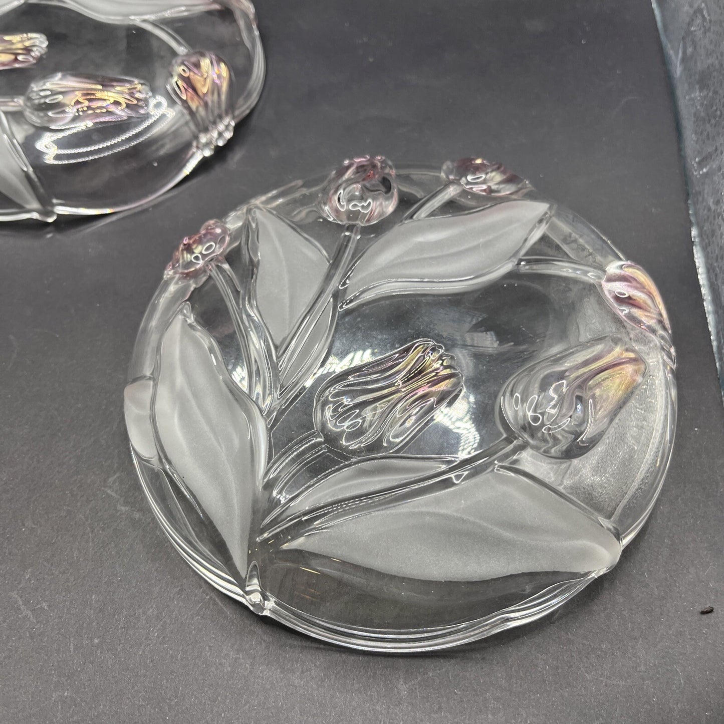 Mikasa 2 Crystal Clear Glass Tivoli Tulips 7" Candy Dish Bowl Green Red