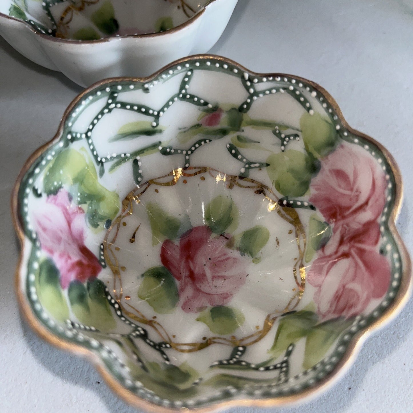 Vintage Antique Nippon Hand Painted Floral Scalloped Gilded Tiny Bowls Set Of 4