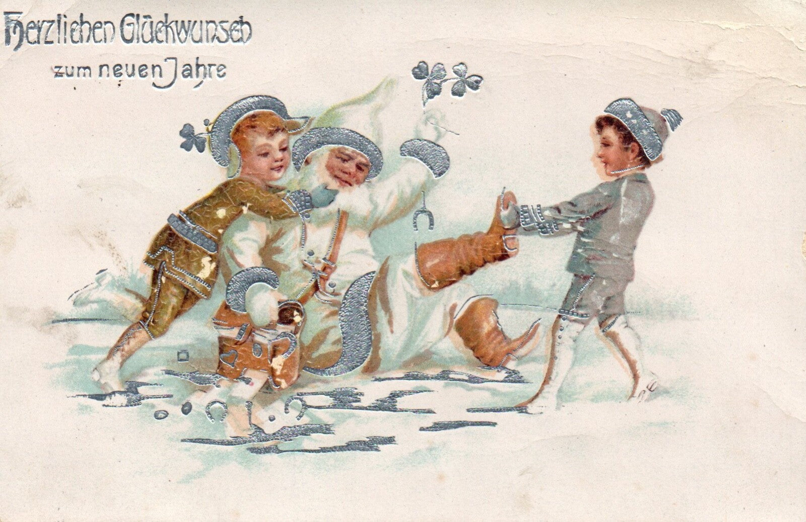 Silver Accent Santa Playing With Children In the Snow Vintage Santa Postcard