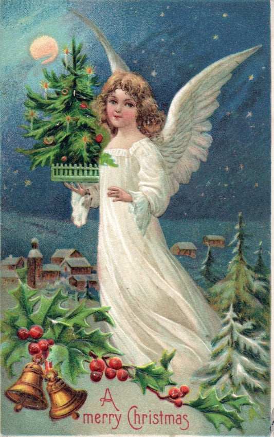 A Merry Christmas Angel with Xmas Tree & Bells & Holly Angel Christmas Postcard