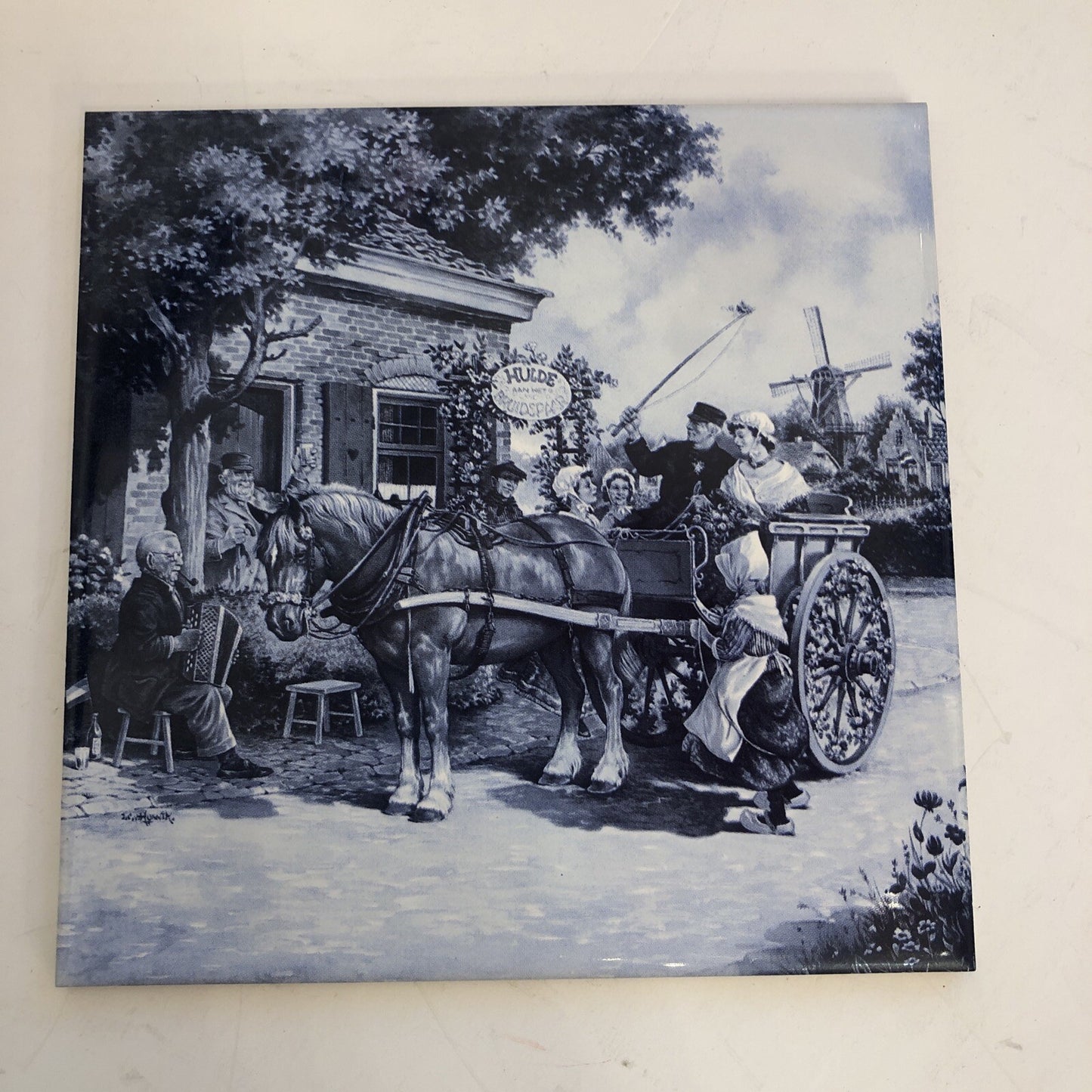 Royal MOSA Holland Vintage Tile Delft Horse Drawn Wagon People Windmill