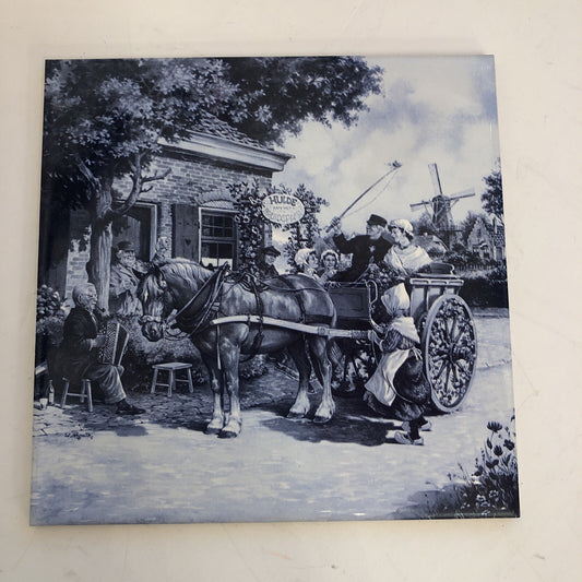 Royal MOSA Holland Vintage Tile Delft Horse Drawn Wagon People Windmill