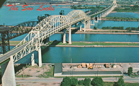 Soo Locks Aerial of New Bridge Sault Ste. Marie MI Michigan Mich  Postcard