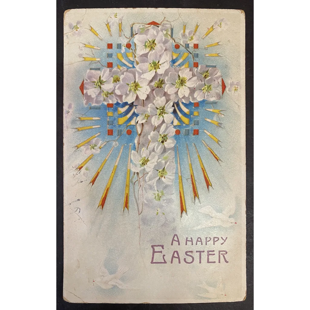 A Happy Easter Cross with Flowers Hold To the Light Vintage Easter HTL Postcard