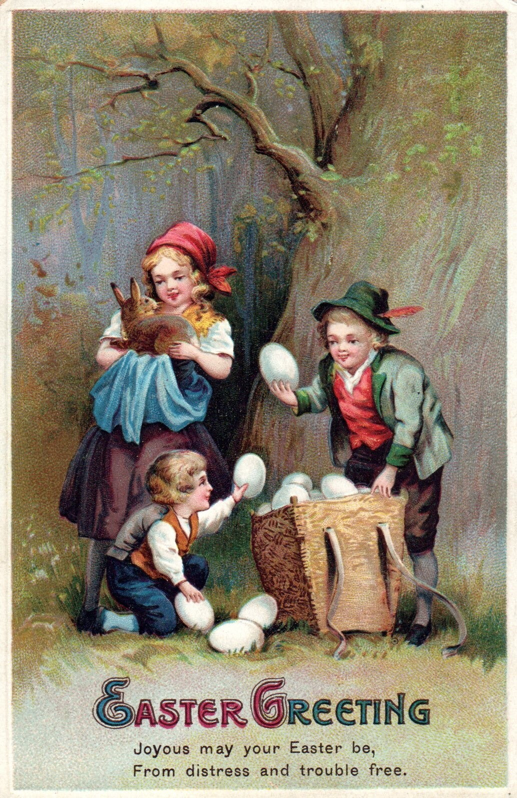 Easter Greetings Children Looking at Easter Eggs Bunny Vintage Easter Postcard