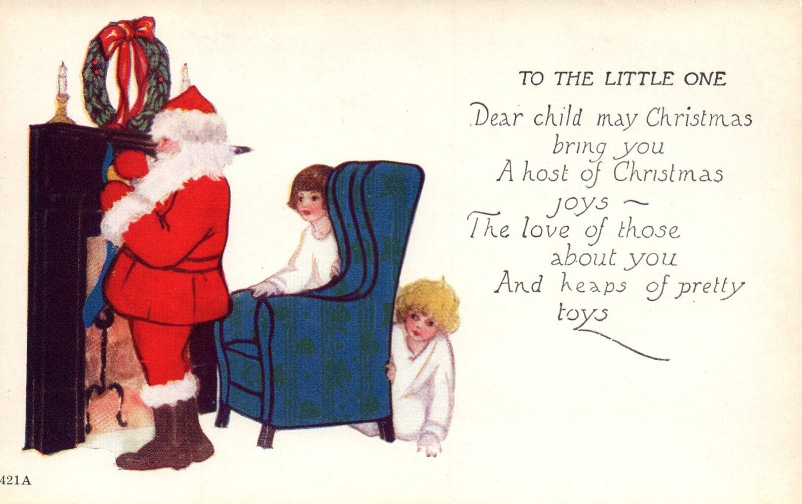 To The Little Ones Santa by Fireplace with Children Vintage Santa Postcard