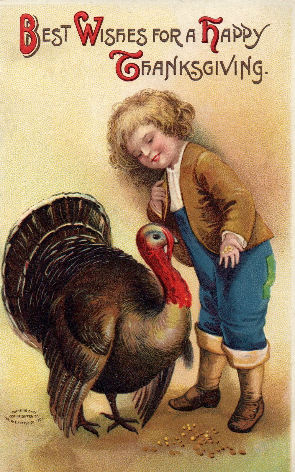 Clapsaddle Blond Boy Hand Feeding Turkey Best Wishes Thanksgiving Postcard 51784