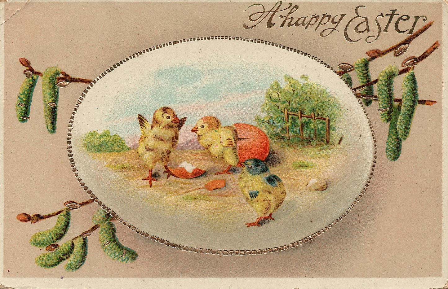 Chick Hatching Out Orange Egg Gold Easter Chick Postcard