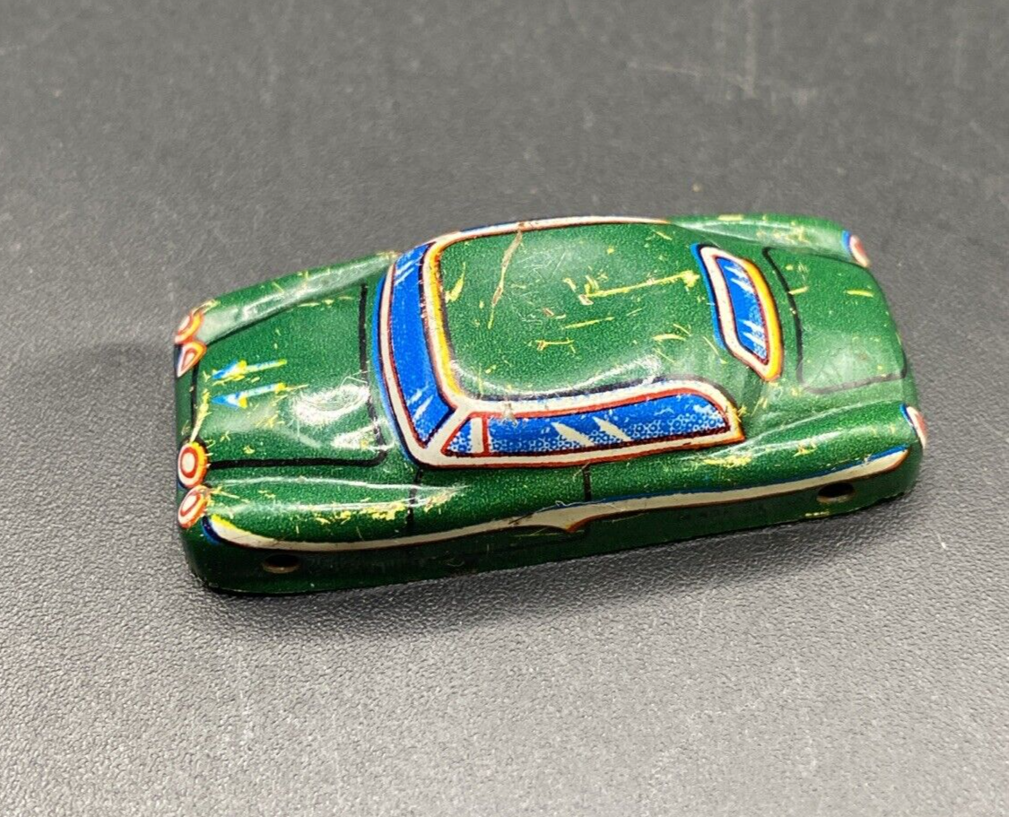 Vintage  Miniature Toy Metal Tin Litho  Green Push Car  Yellow - Japan