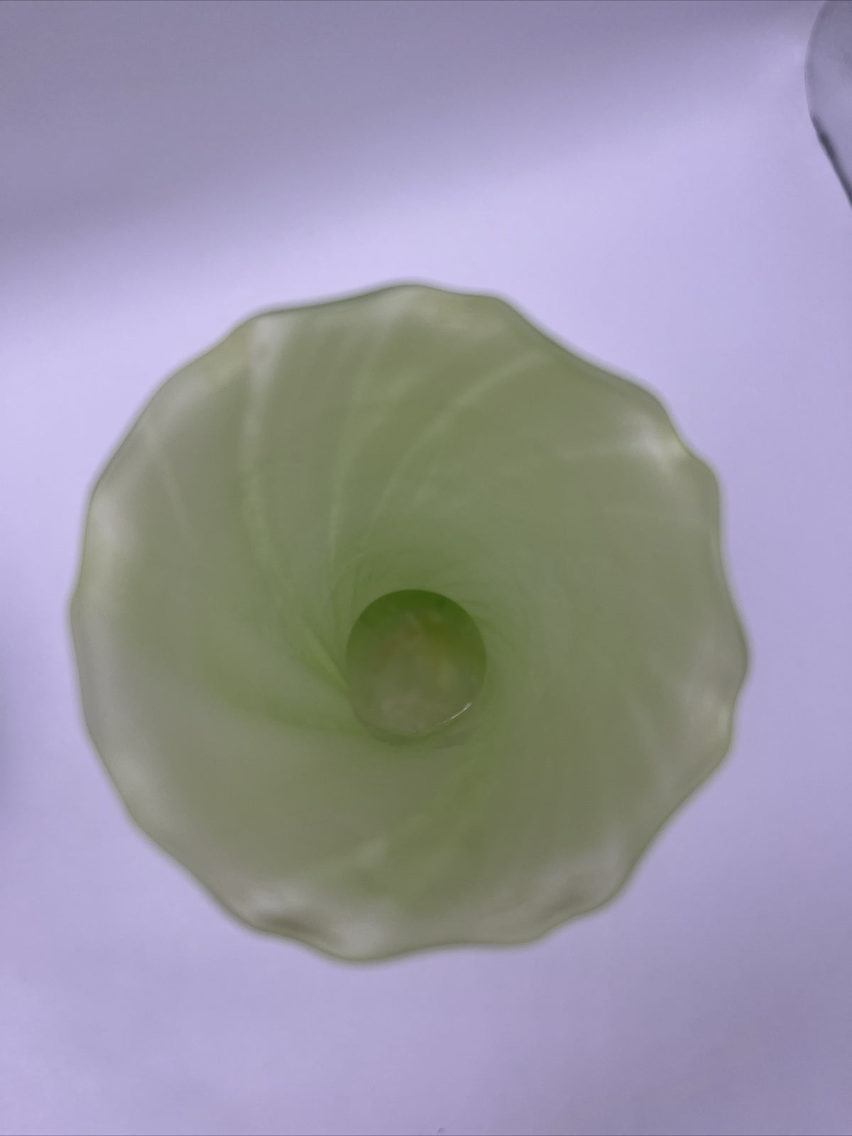 Vintage Green Frosted Swirl Fluted Trumpet Glass Bud Vase 6” Tall