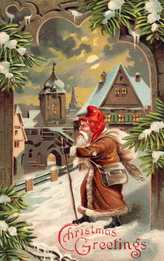 Christmas Greetings Santa Walking Through Village Vintage Santa Postcard