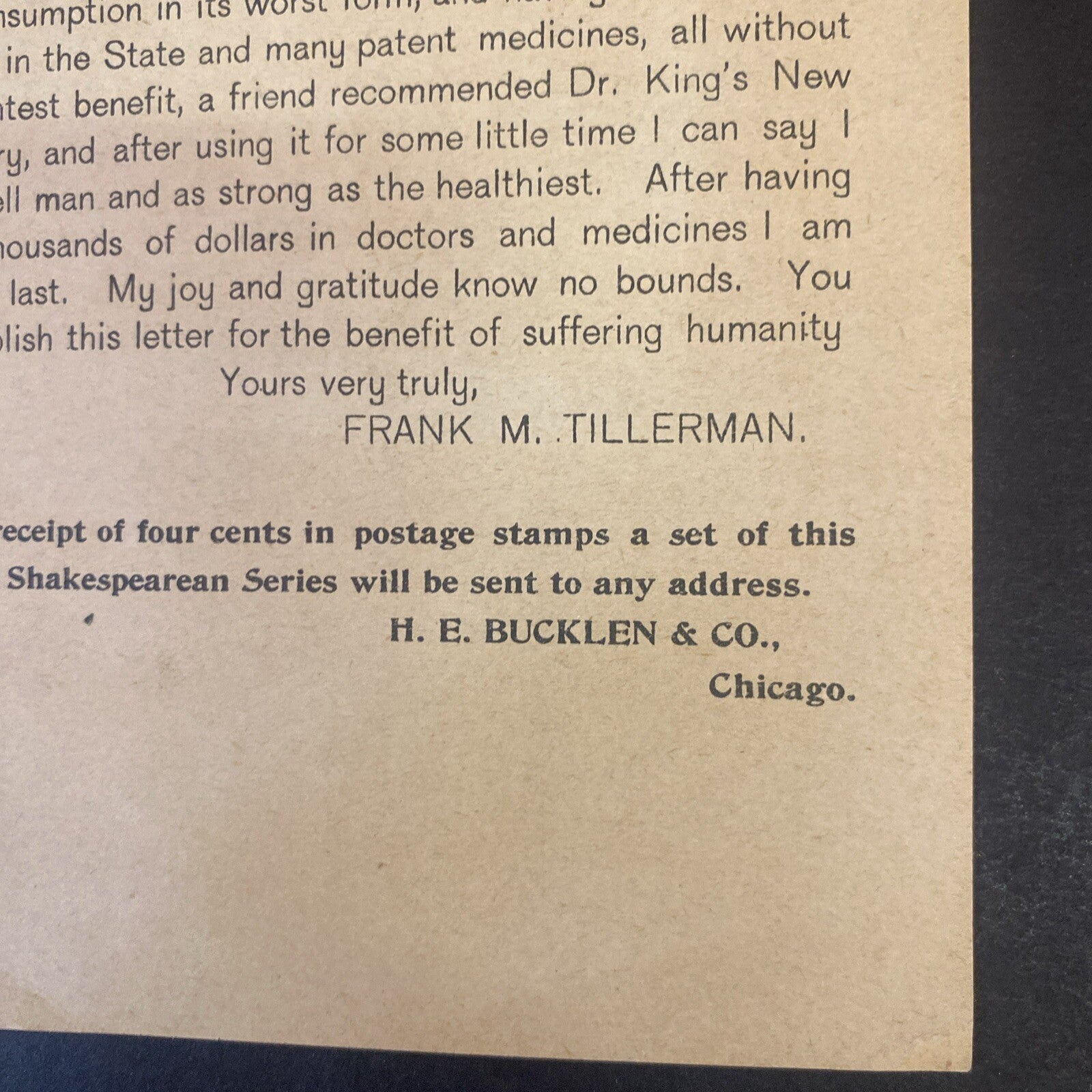 H E Bucklen 1895 Dr Kings New Discovery Shakespeare Victorian Trade Card # 4