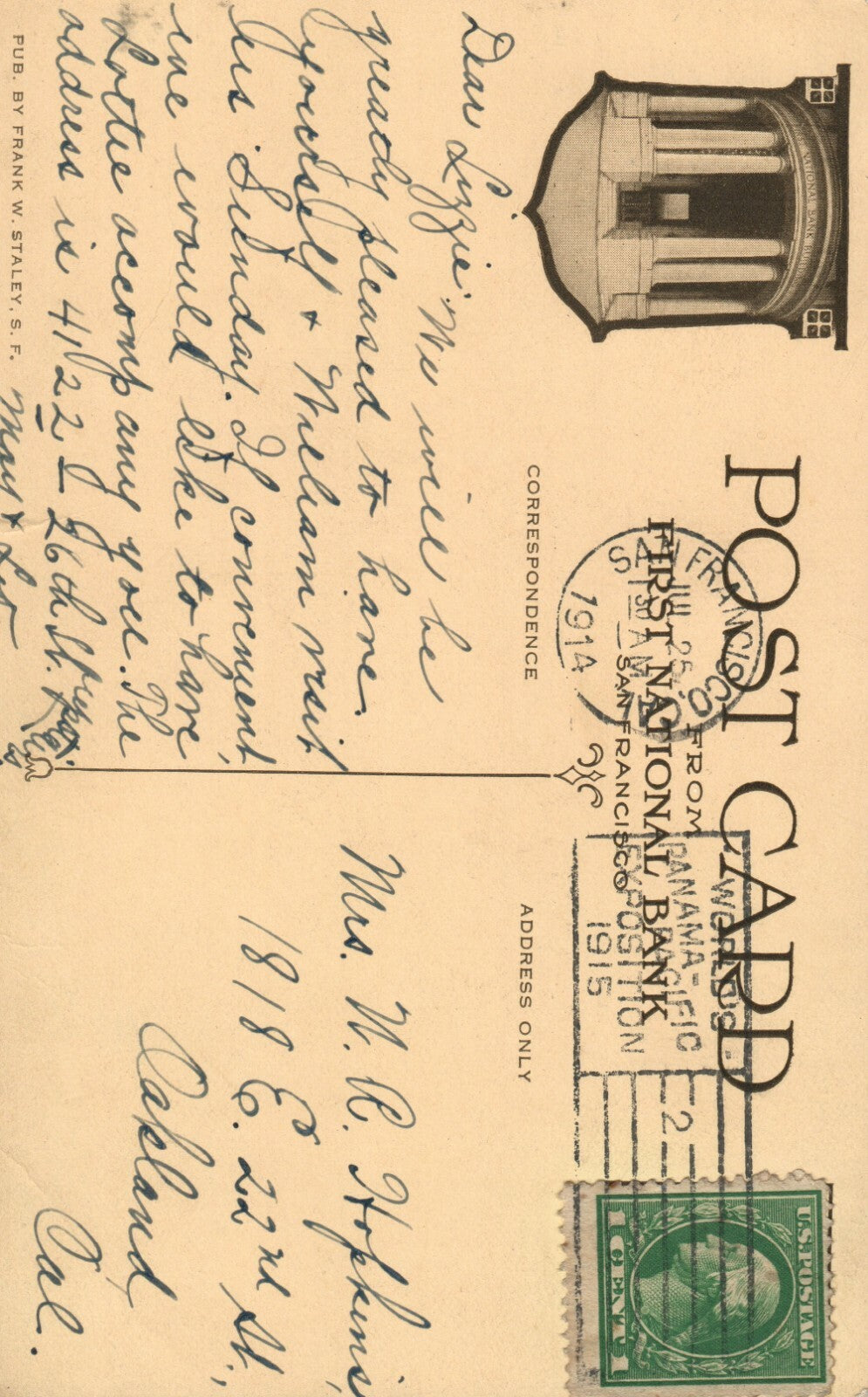 1914 First National Building California CA Vintage Postcard Expo Stamp