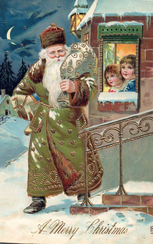 A Merry Christmas Green Robe Gold Gilt Santa Postcard