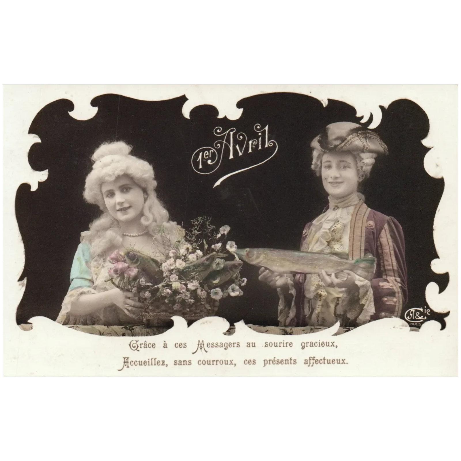 French April 1st Man & Woman Holding Flowers & Fish Vintage April Fools Postcard