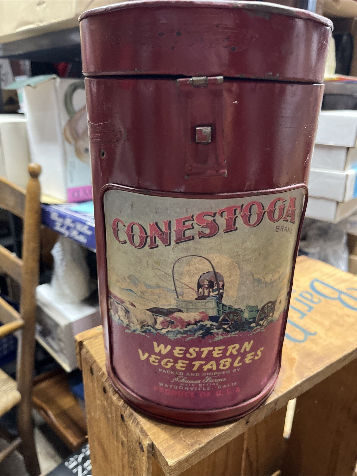 Conestoga Western Vegetables Red Metal Canister latch close 5.5x8.5" FREE SH