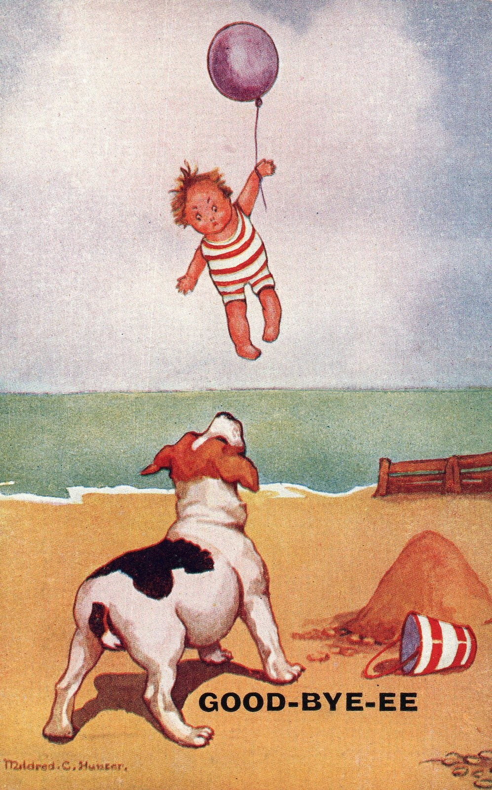 Artist Mildred C Hunter Good Bye-ee Baby goes up balloon Dog Children Postcard