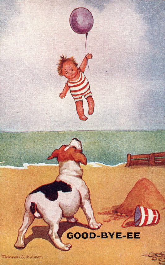 Artist Mildred C Hunter Good Bye-ee Baby goes up balloon Dog Children Postcard