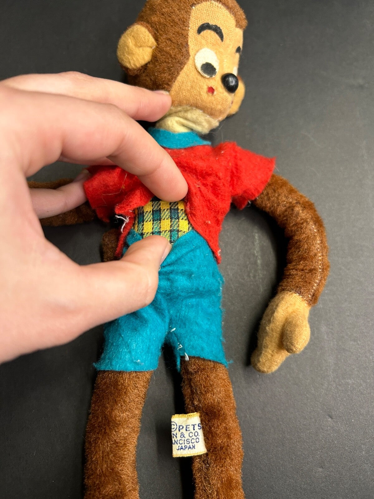 Vintage Dream Pets R Dakin Brown Plush MONKEY Toy Red Shirt Blue Pants Japan
