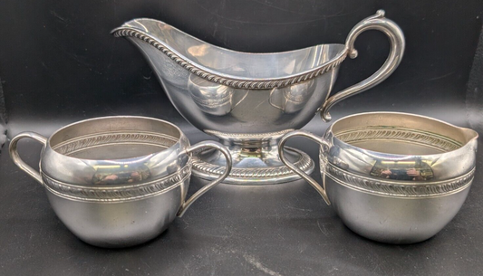 3 Piece Set Polished Silver Plate Gravy Cream & Sugar Great Condition