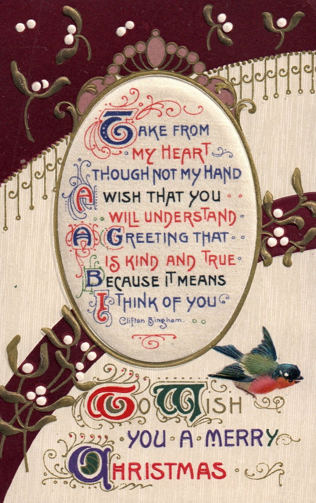 John Winsch Clifton Bingham Poem To Wish You A Merry Christmas Vintage Postcard