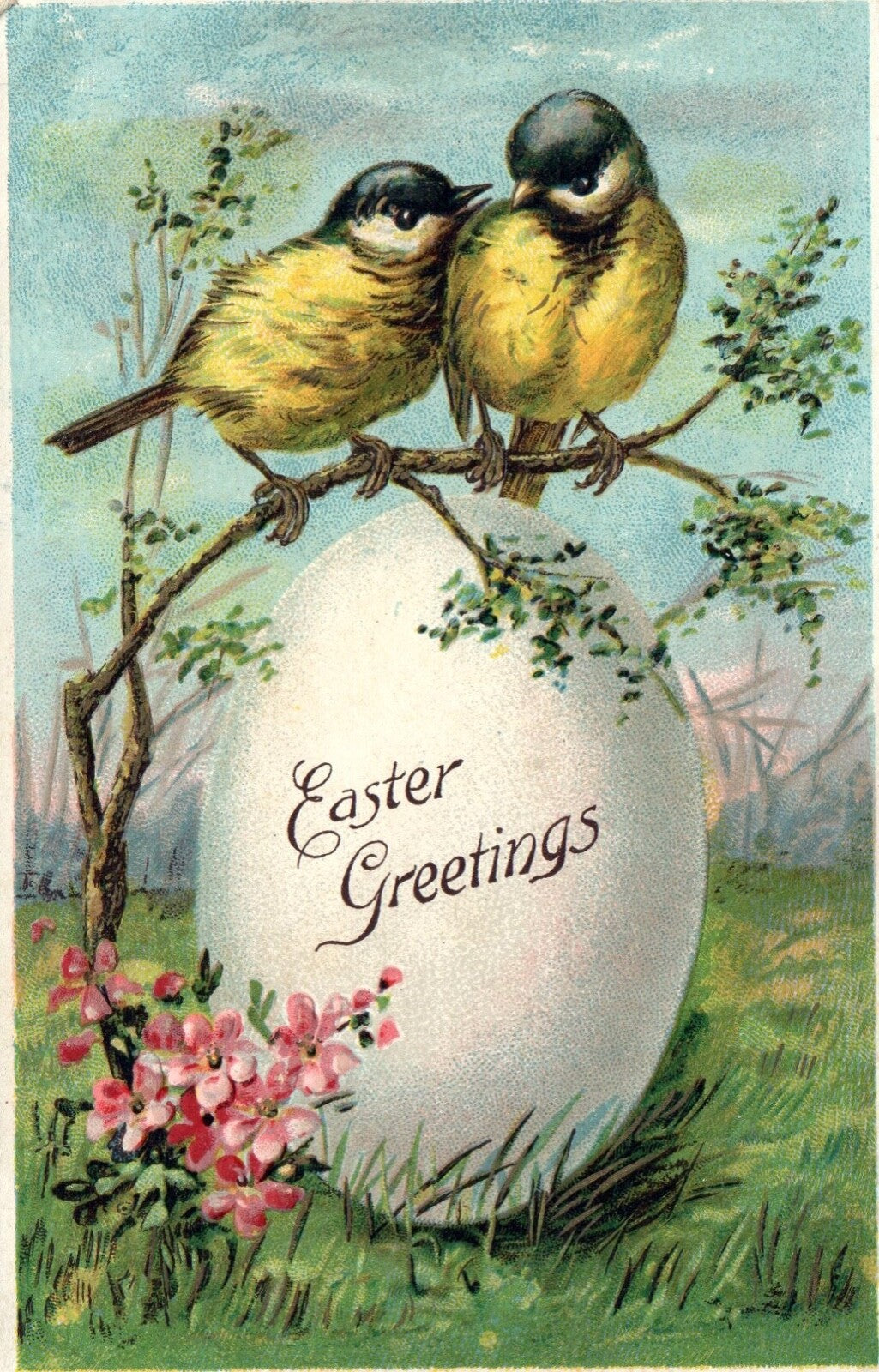Easter Greetings Birds on a branch over a large egg Spring scenic Postcard