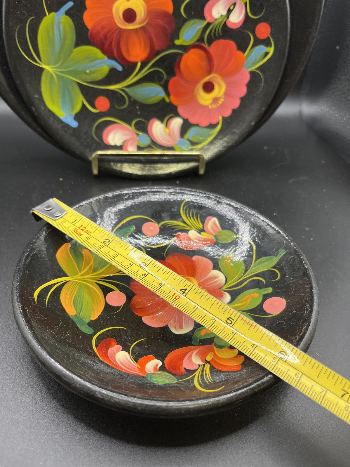Vintage Wooden Hand Painted Floral Wall Plate Made In USSR Set Of 4