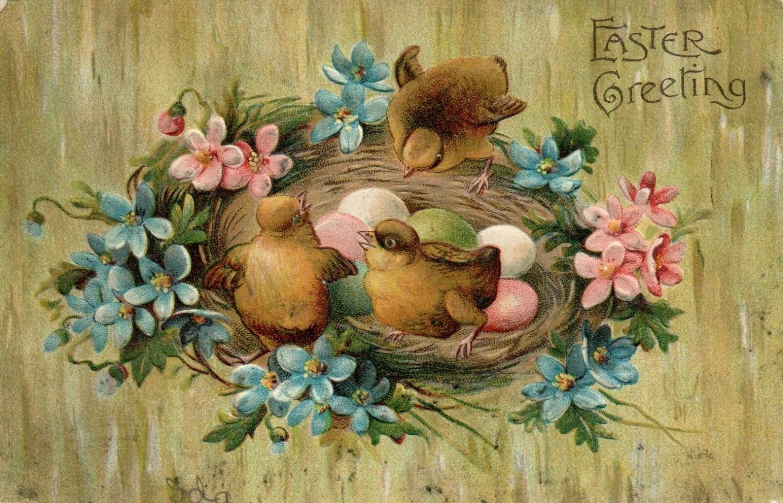 306 Chicks Sitting In Nest With Colored Eggs and Flower Easter Greeting Postcard