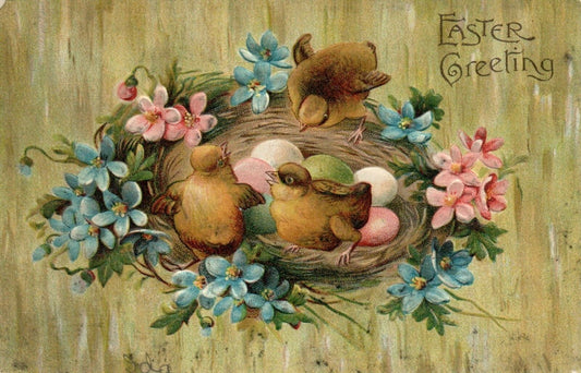 306 Chicks Sitting In Nest With Colored Eggs and Flower Easter Greeting Postcard