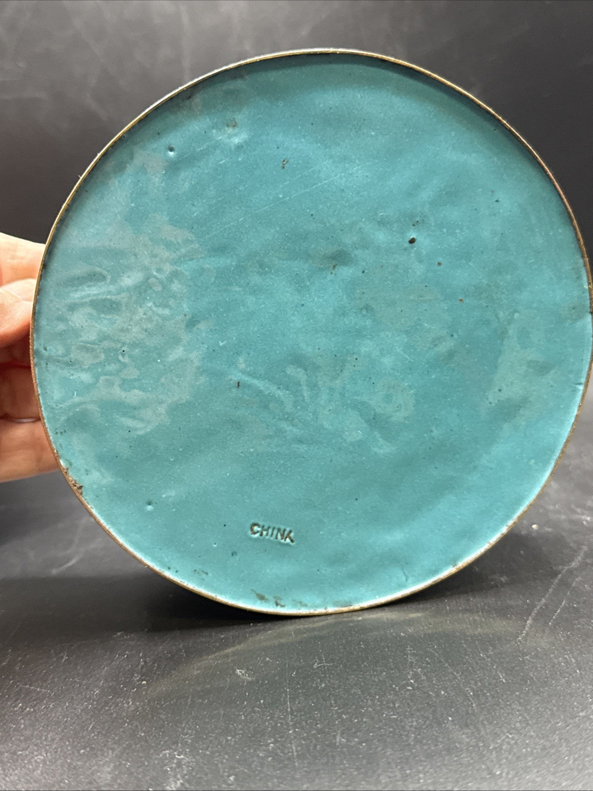 Foo Dog Finial Chinese Enamel Brass Cloisonne Round Box Vintage -5.5  tin red