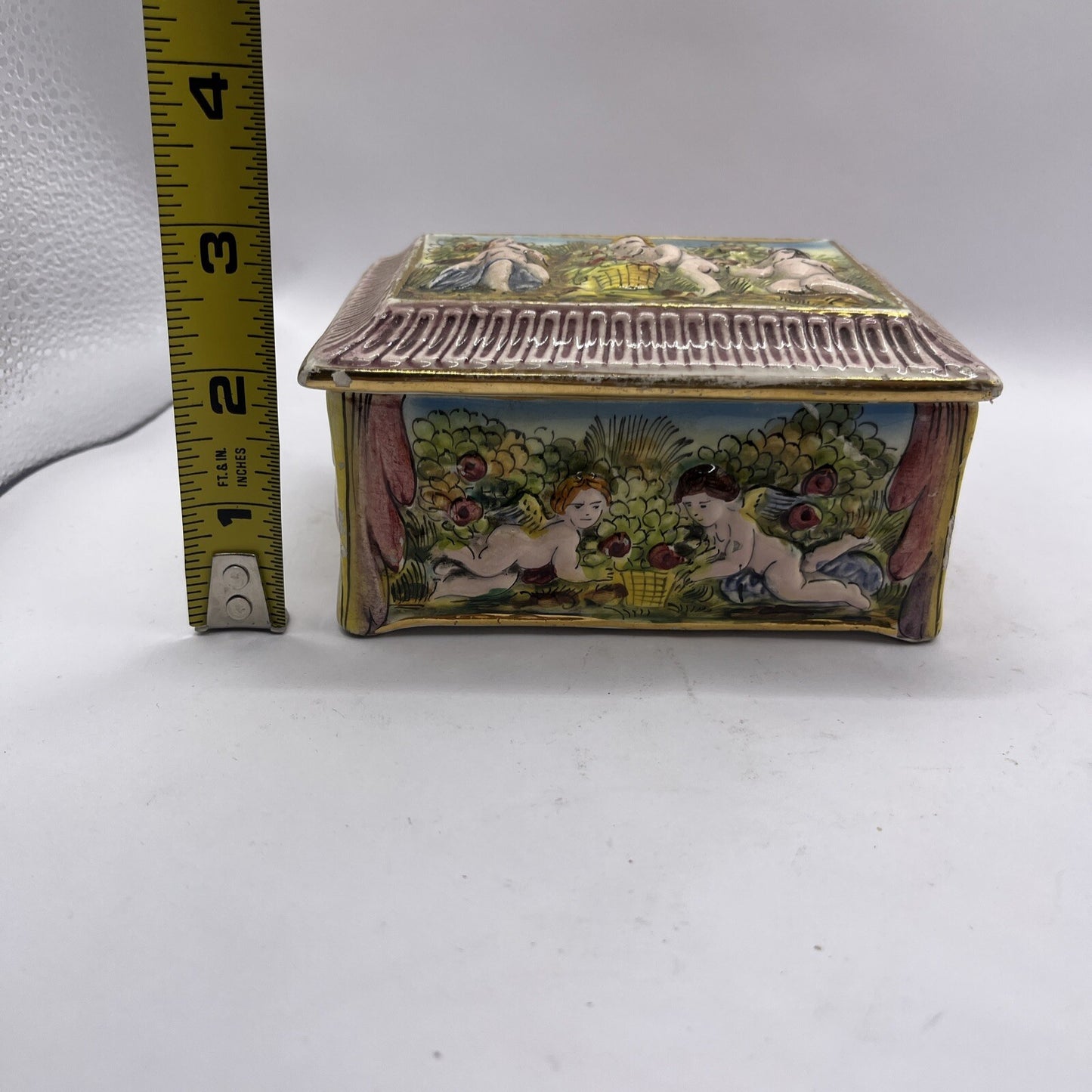 Vintage Capodimonte Porcelain Lidded Trinket Dish with High Relief Cherubs