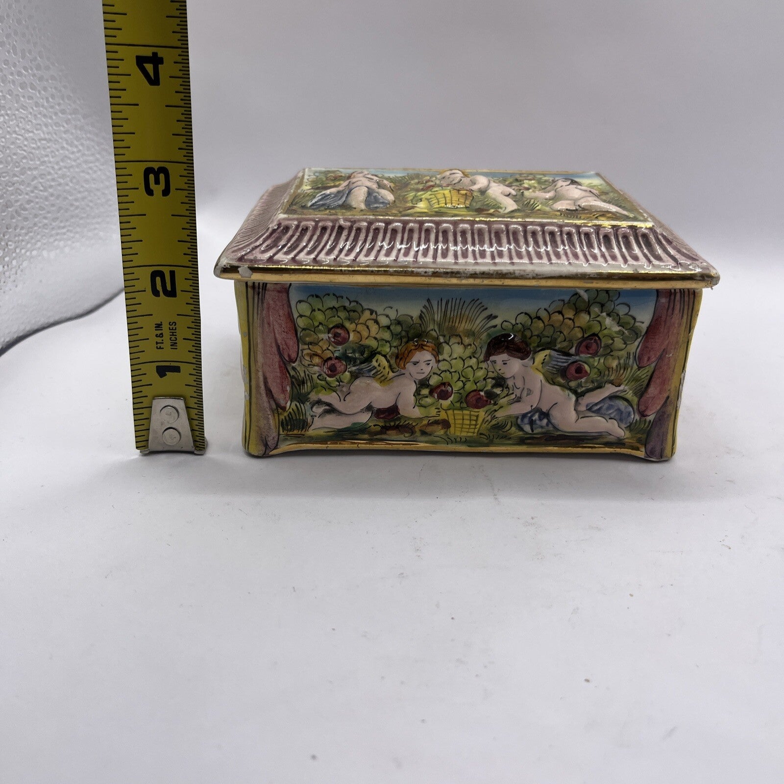 Vintage Capodimonte Porcelain Lidded Trinket Dish with High Relief Cherubs
