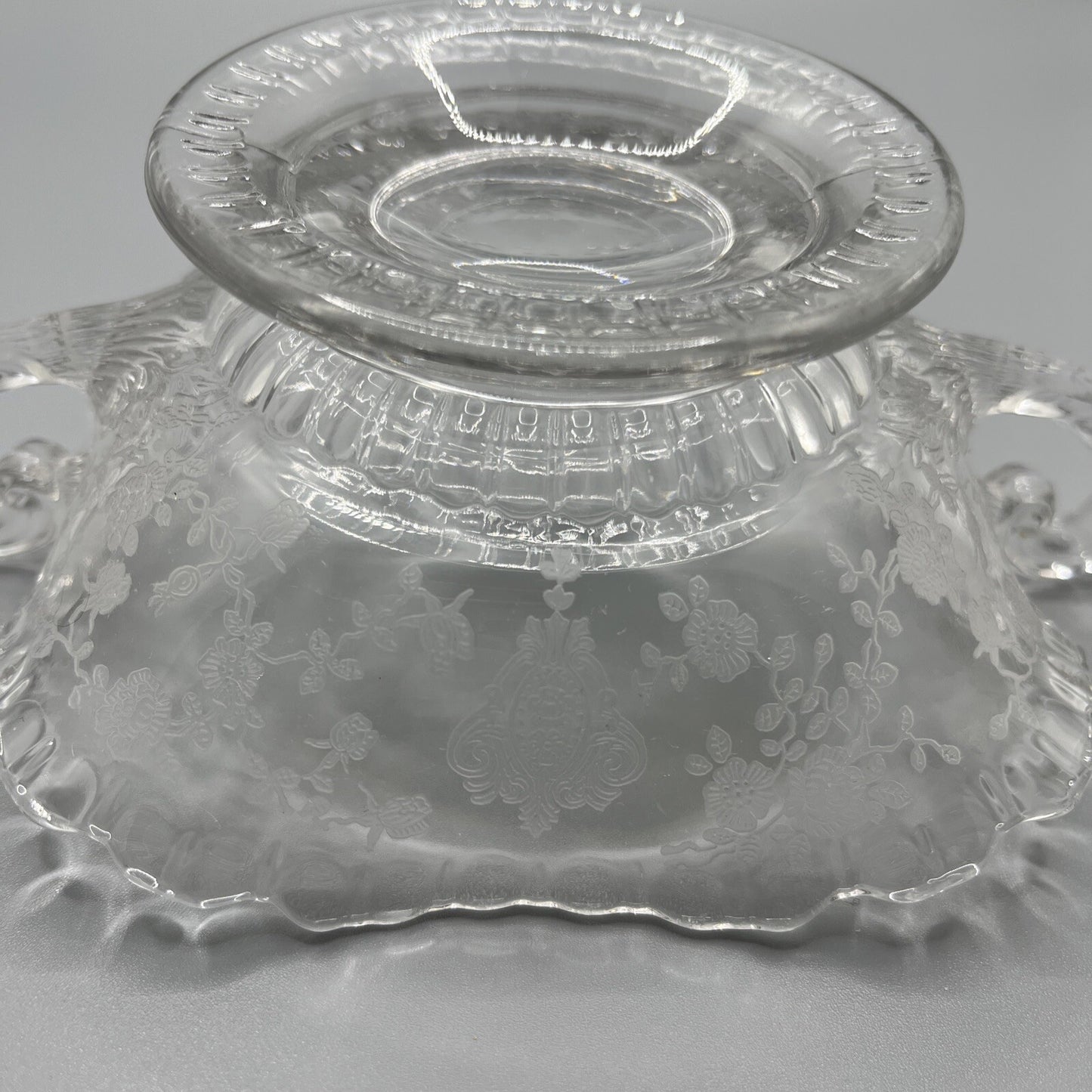 VINTAGE CAMBRIDGE GLASS ROSE POINT ETCH CANDY DISH ELEGANT