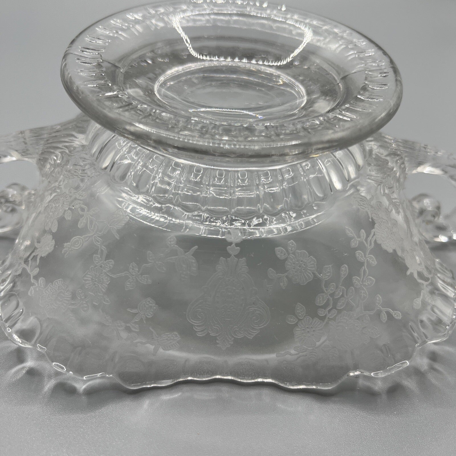 VINTAGE CAMBRIDGE GLASS ROSE POINT ETCH CANDY DISH ELEGANT