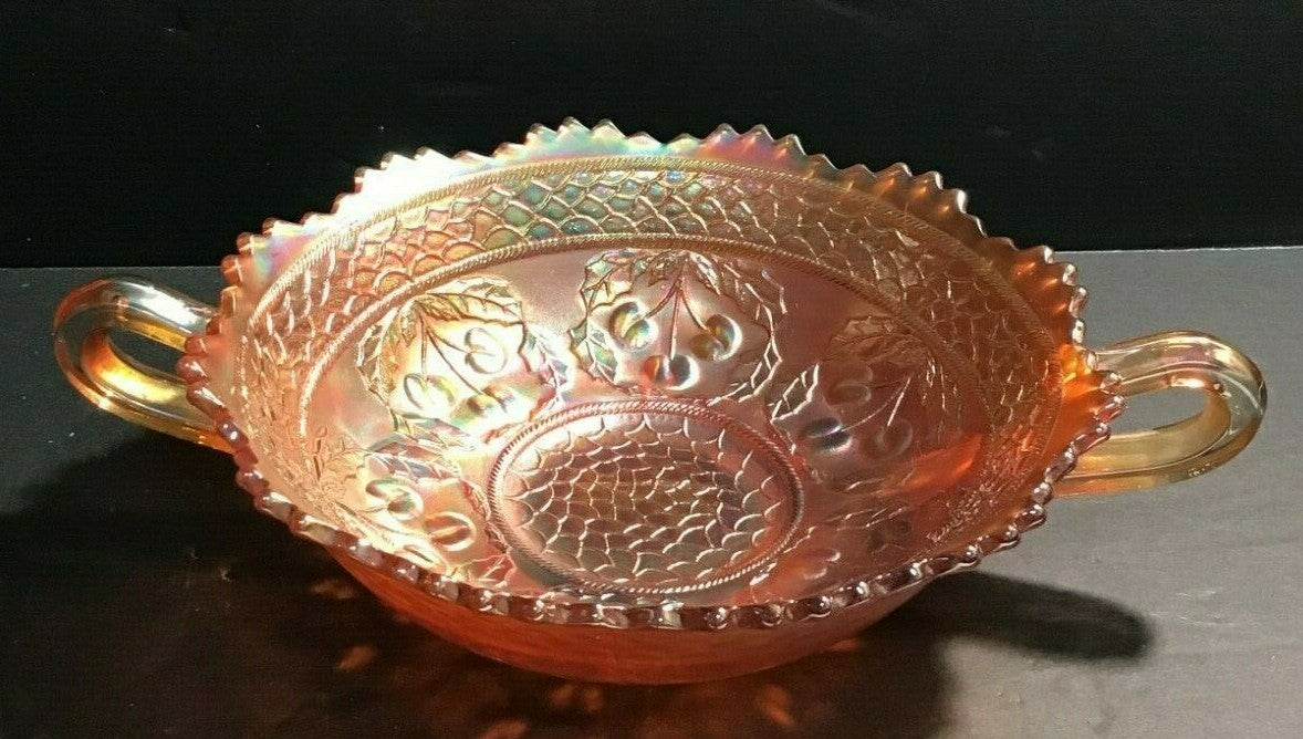 Fenton 10" Marigold Bowl Cherries Circles Picot Edge Iridescent Carnival Glass