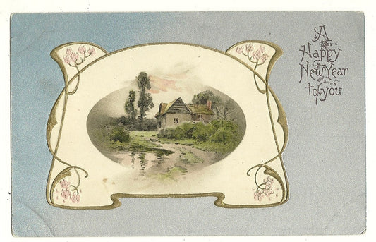Early Nash Cabin Scene Pink Flowers Gold Frame Happy New Year To You Postcard