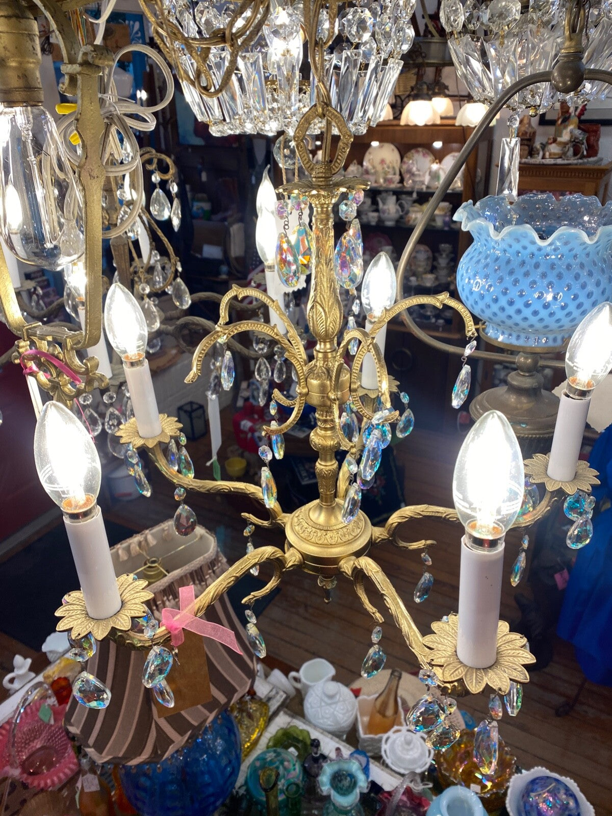 Gold 5-arm/light chandelier with iridescent crystals