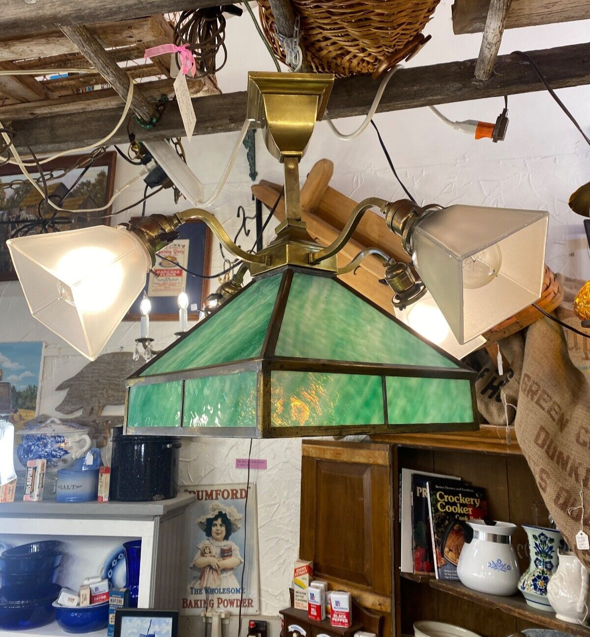 Green Stained Glass 5 Light  Craftsman Chandelier 1910-1915