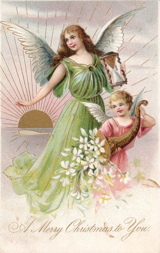 A Merry Christmas to You Angels with Rising Sun Vintage Angel Christmas Postcard