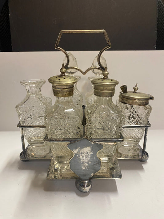 Antique 1900's Silver Plated Cruet 6 Piece Set & Carrier Salt Pepper Sugar &More