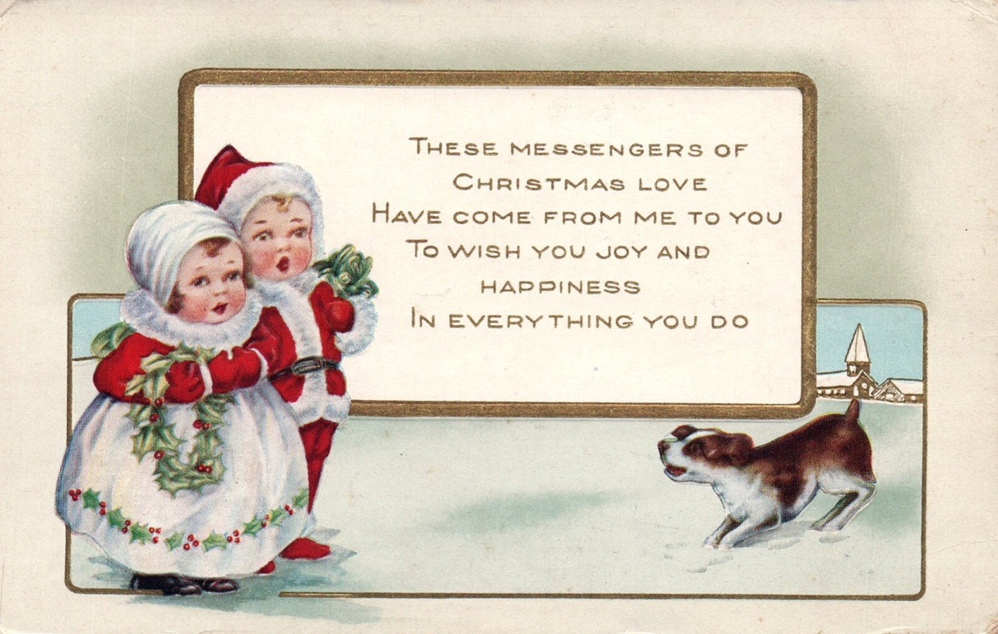 Children with Dog in Snow Wishing You Joy & Happiness Vintage Christmas Postcard