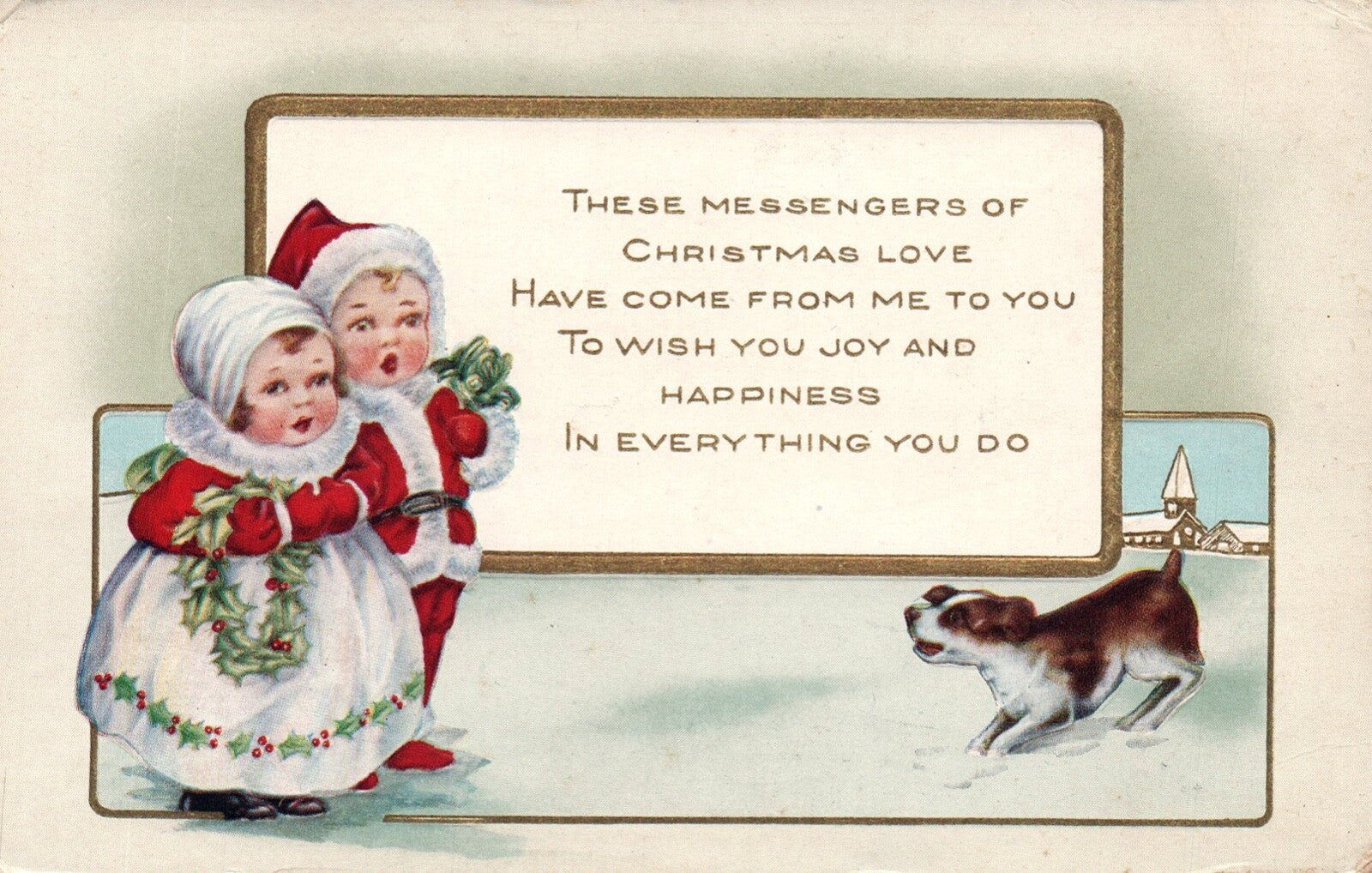 Children with Dog in Snow Wishing You Joy & Happiness Vintage Christmas Postcard