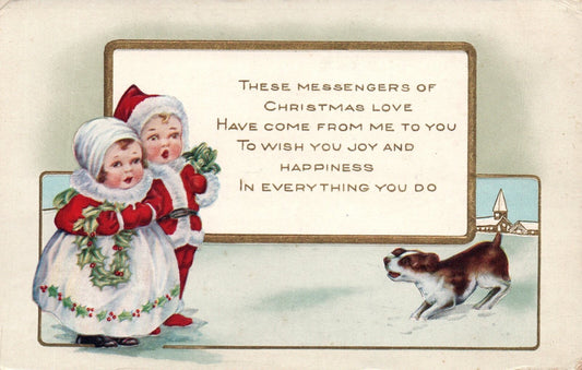 Children with Dog in Snow Wishing You Joy & Happiness Vintage Christmas Postcard