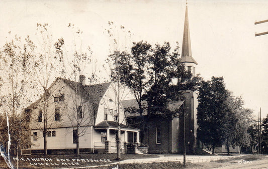 RPPC M.E. Church & Parsonage in Lowell Michigan Mich MI Postcard